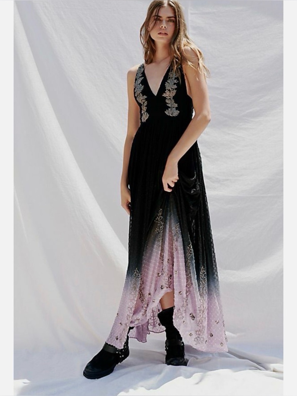 Free People Holiday Emebellished Maxi Gown Chiffon Backless Purple Black Ombré